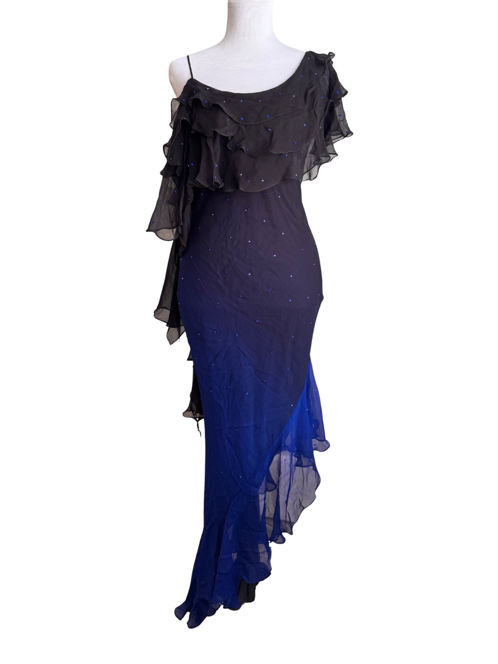 Vintage 90s Jé Matadi Silk Ombre Rhinestone Asymmetrical Ruffled Formal Dress